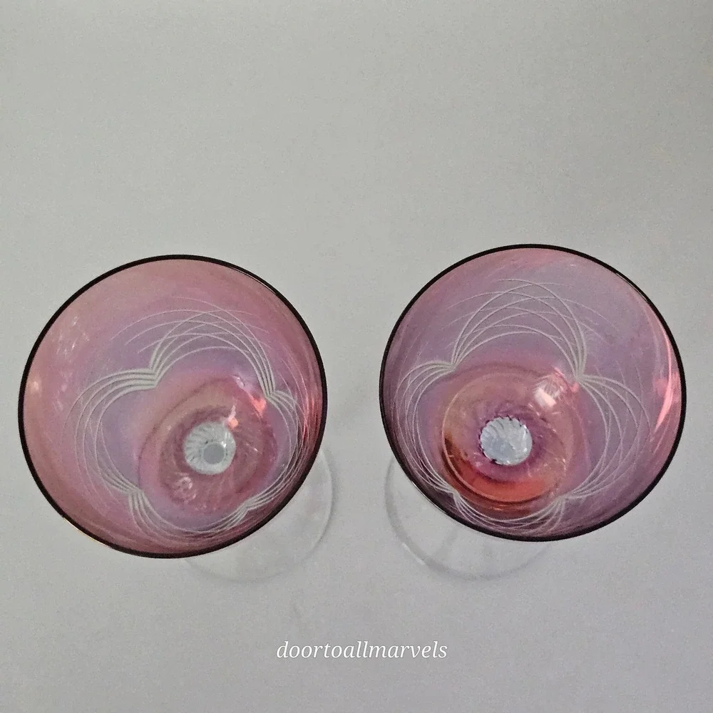 2 VTG Bohemian Hand-Blown Cranberry Cut-to-Clear Wine Glasses Optic Ball Stem